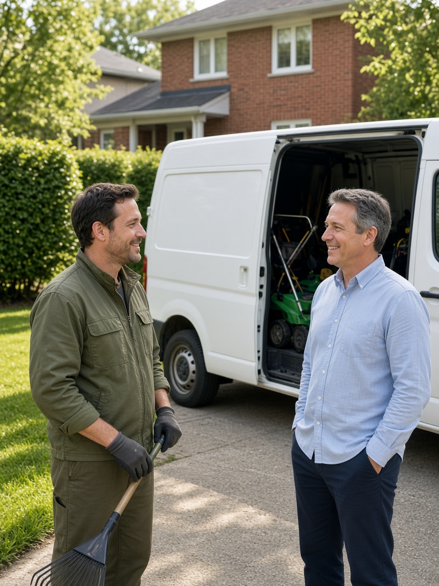 Landscaper chatting with a homeowner beside a work van