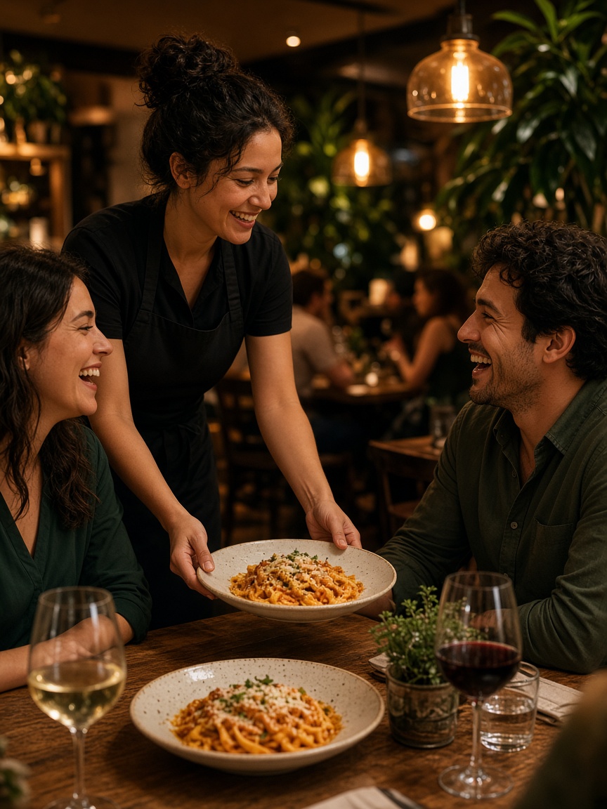 Server bringing pasta to a laughing couple