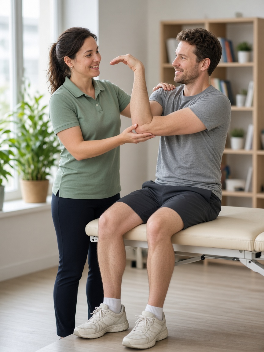 Physiotherapist assessing a seated patient's shoulder mobility