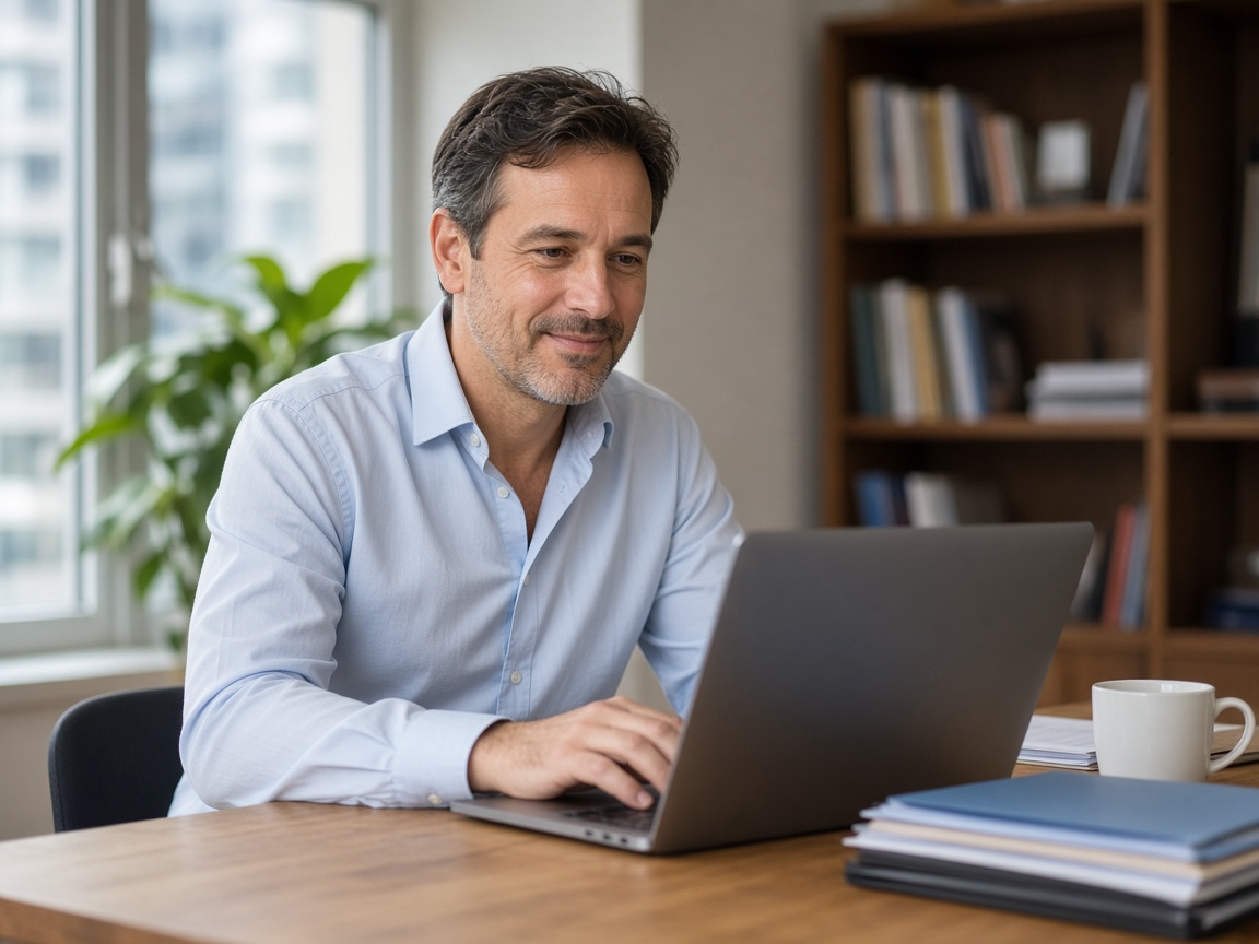 Accountant working on his laptop in a bright office