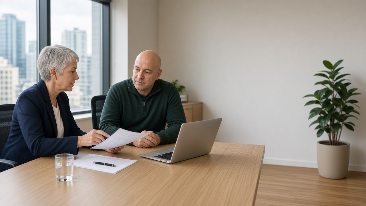 Advisor reviewing a document with a client at an office table