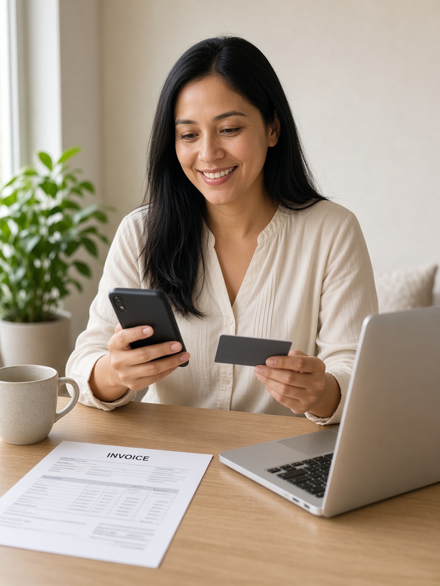 Client paying an invoice on her phone at home