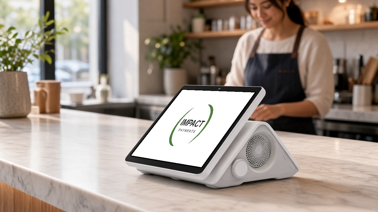 Countertop payment terminal showing the Impact Payments logo on a cafe counter