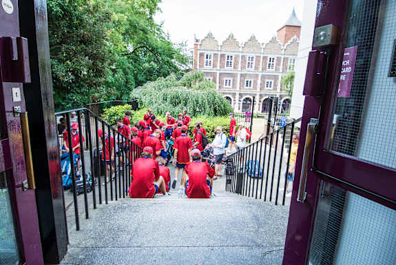 Group gathering in the courtyard