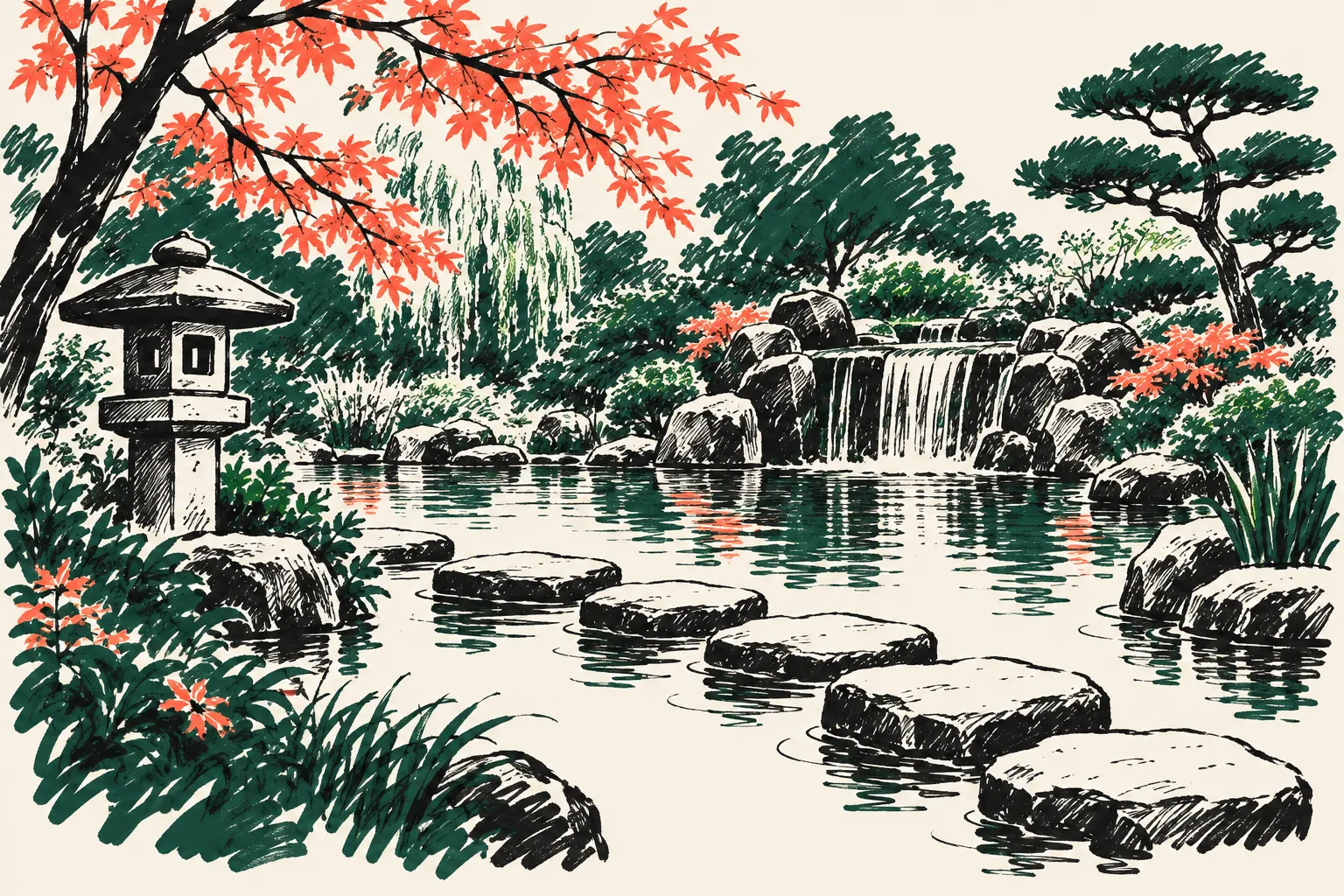 Marker-pen sketch of Kyoto Garden in Holland Park