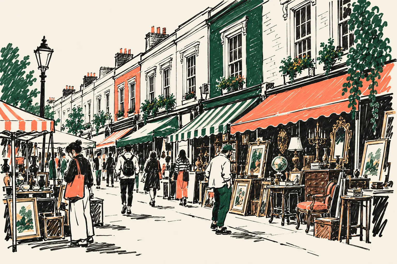 Marker-pen sketch of Portobello Road Notting Hill London
