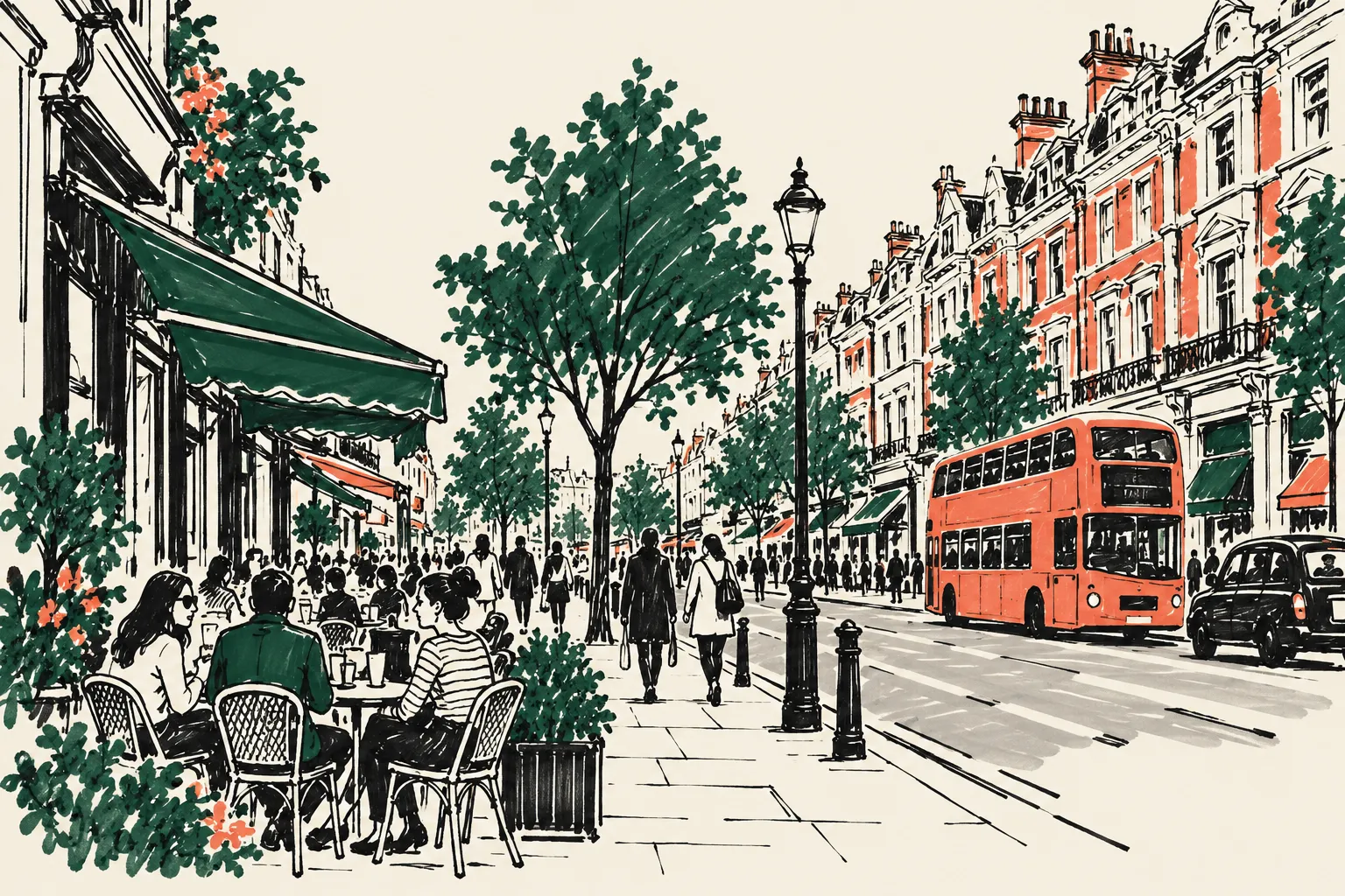 Marker-pen sketch of Kensington High Street London