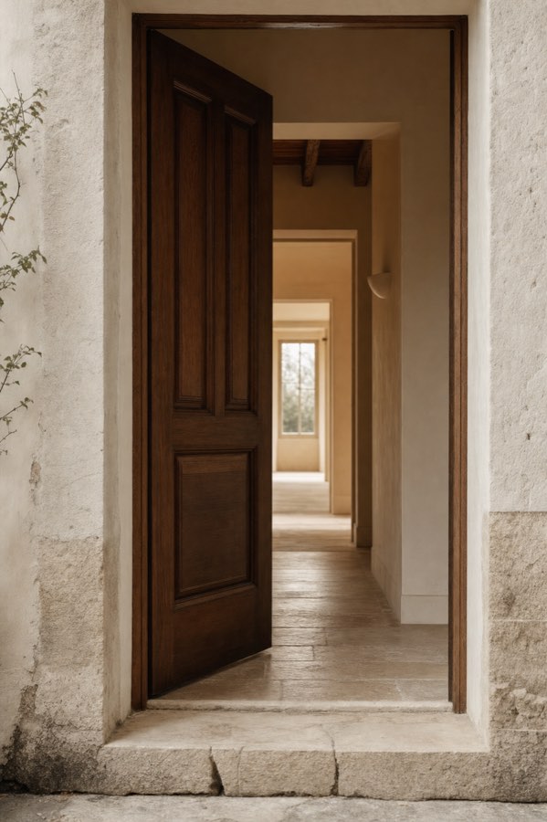 An open door onto a lit private corridor, seen from a stone threshold.