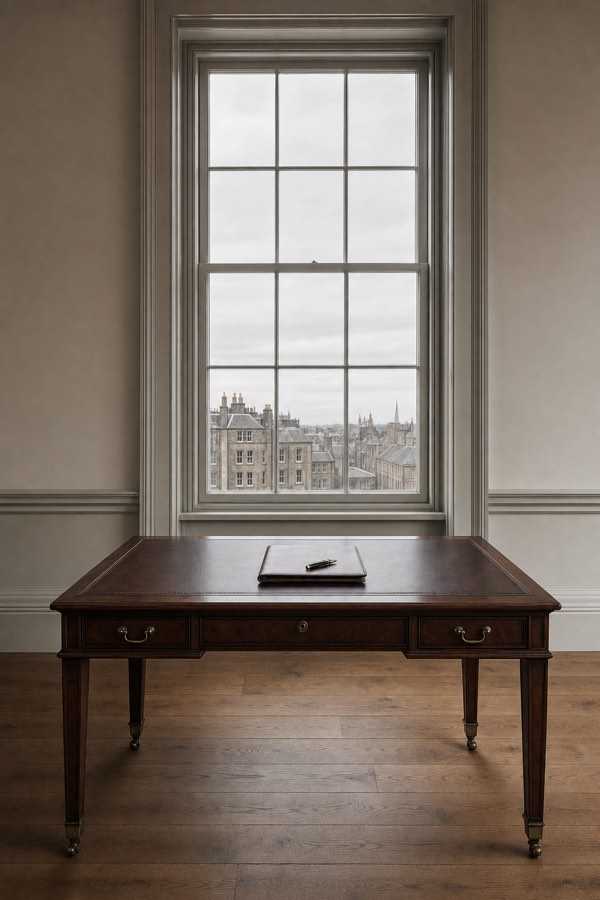 A private study: a writing desk beneath a tall Georgian sash window.
