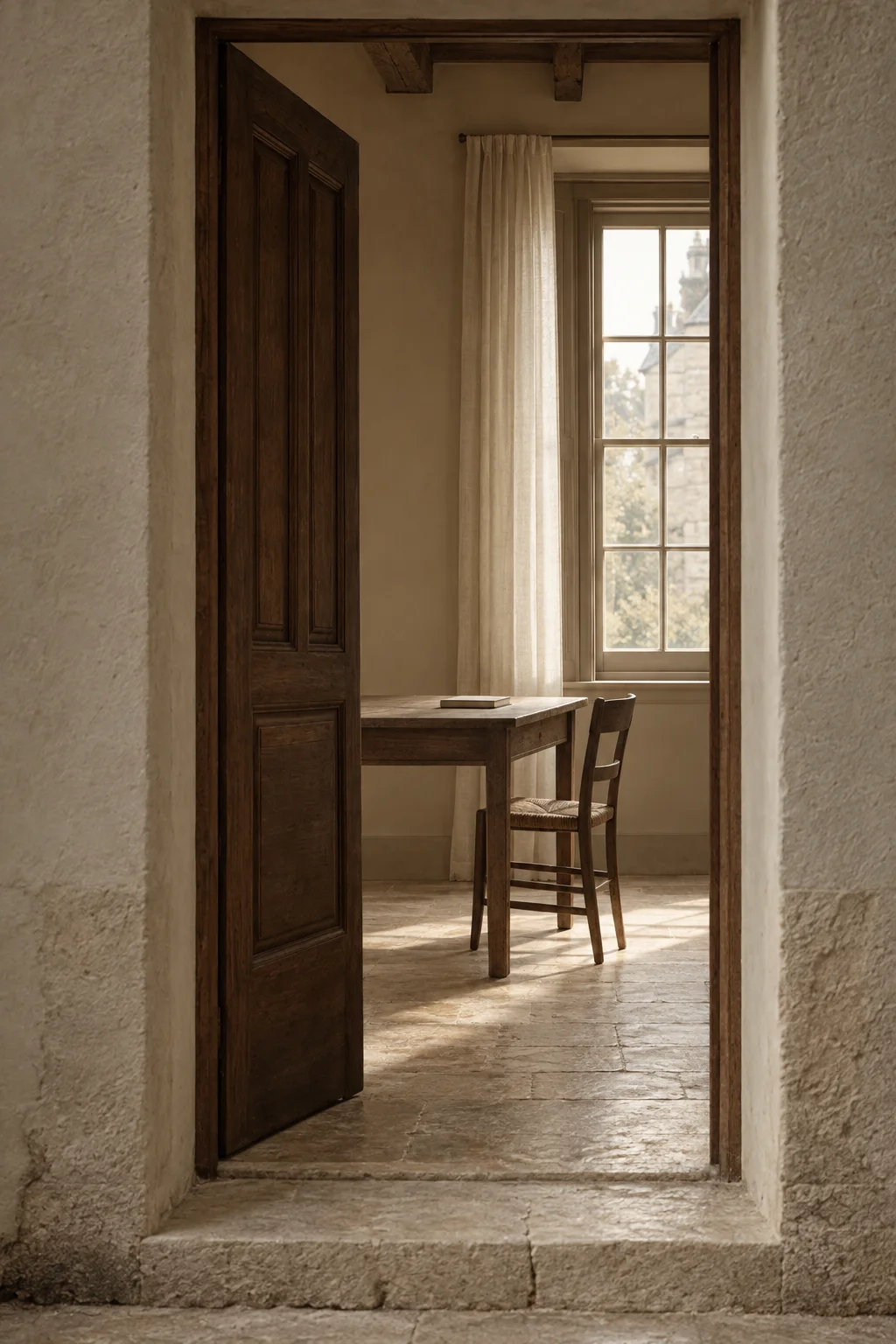 An open timber door onto a quiet study with a writing table by a tall window.