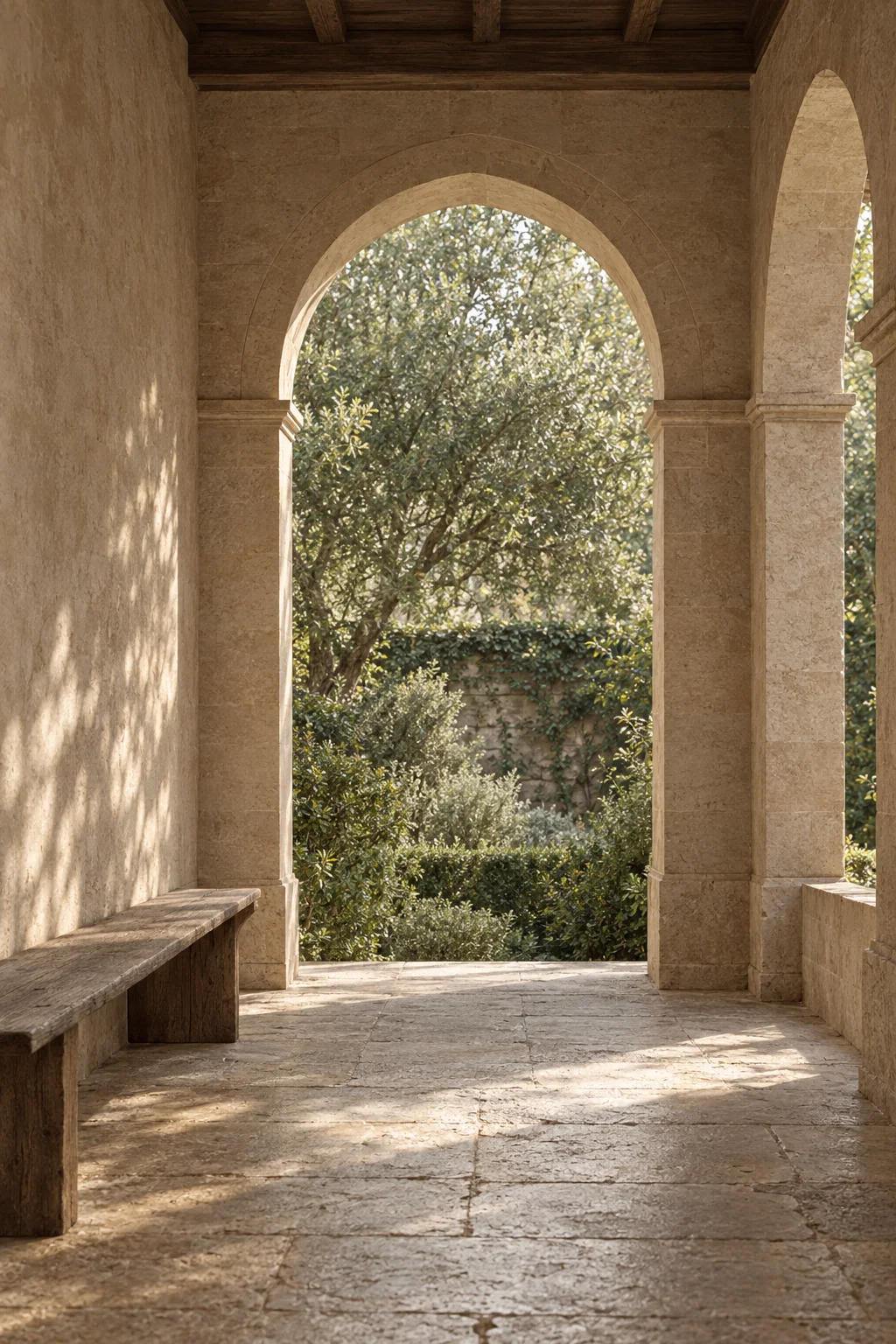 A stone arcade opening onto a quiet garden, with a timber bench in soft daylight.