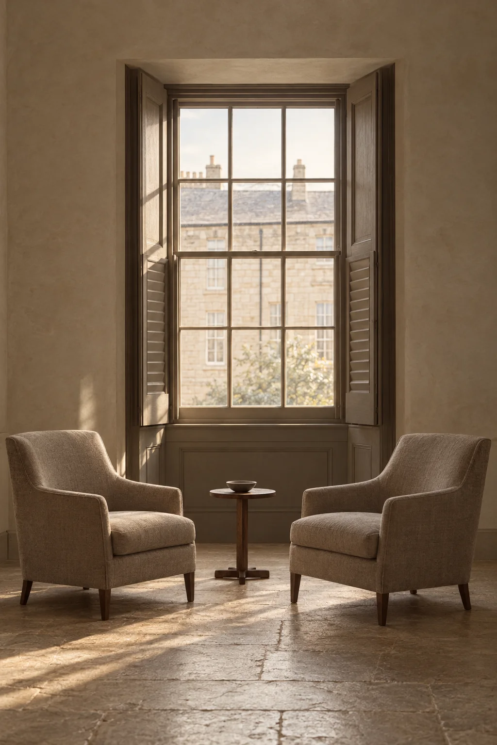 Two armchairs angled towards each other beside a tall shuttered window in late afternoon light.
