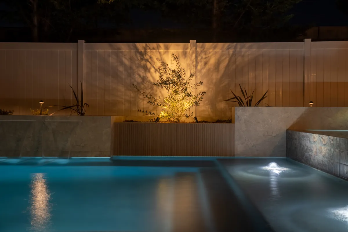 Lit entry steps running into the pool, an olive tree uplit against the rear wall.