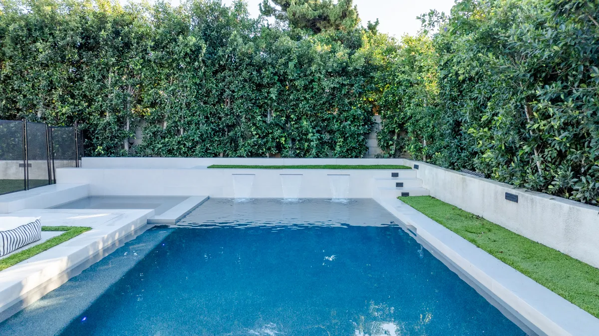 The pool from the deck, a strip of turf along its edge and a tall hedge closing the boundary.