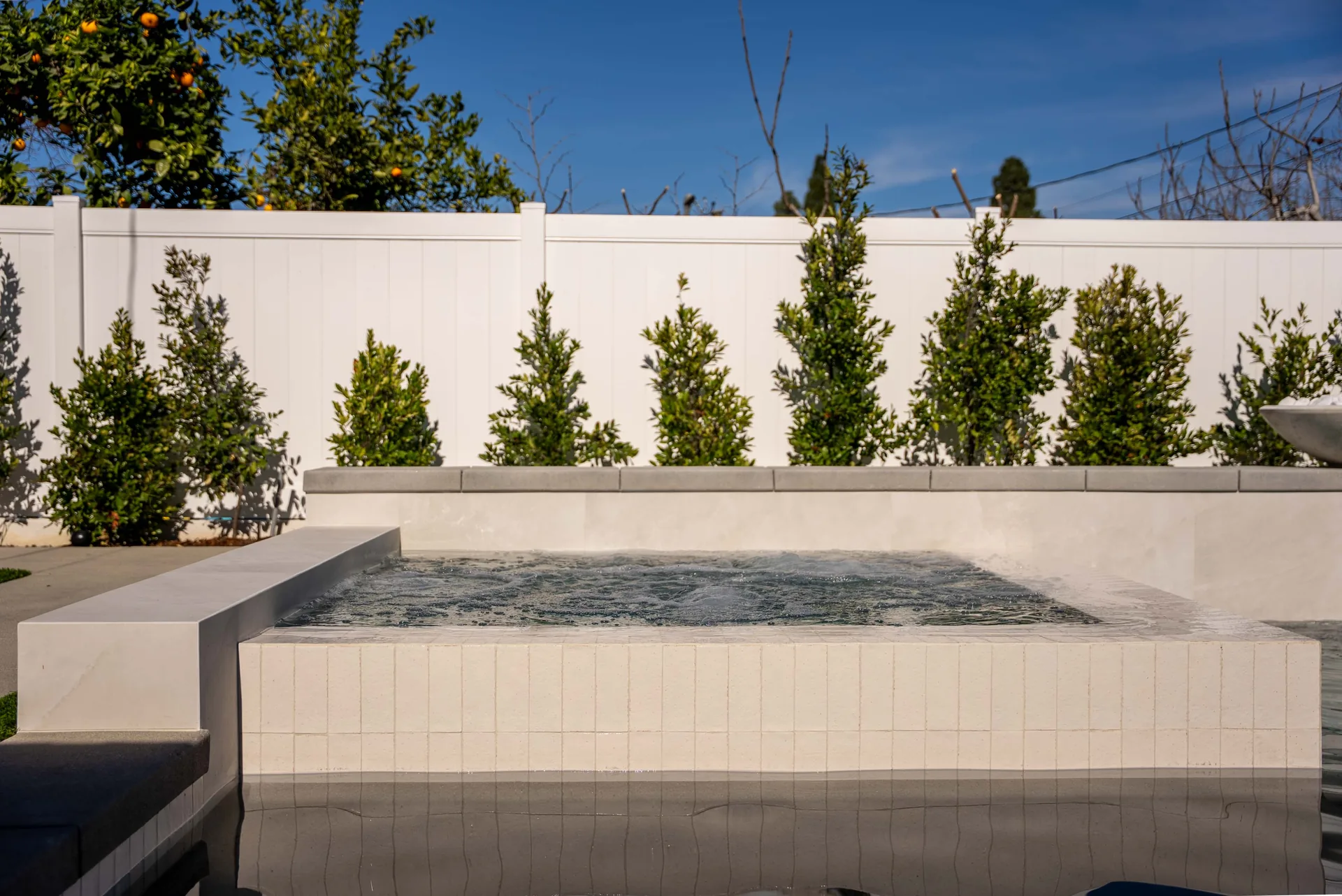 The raised spa at rest, tiled to the waterline, backed by evenly spaced young trees along a white wall.