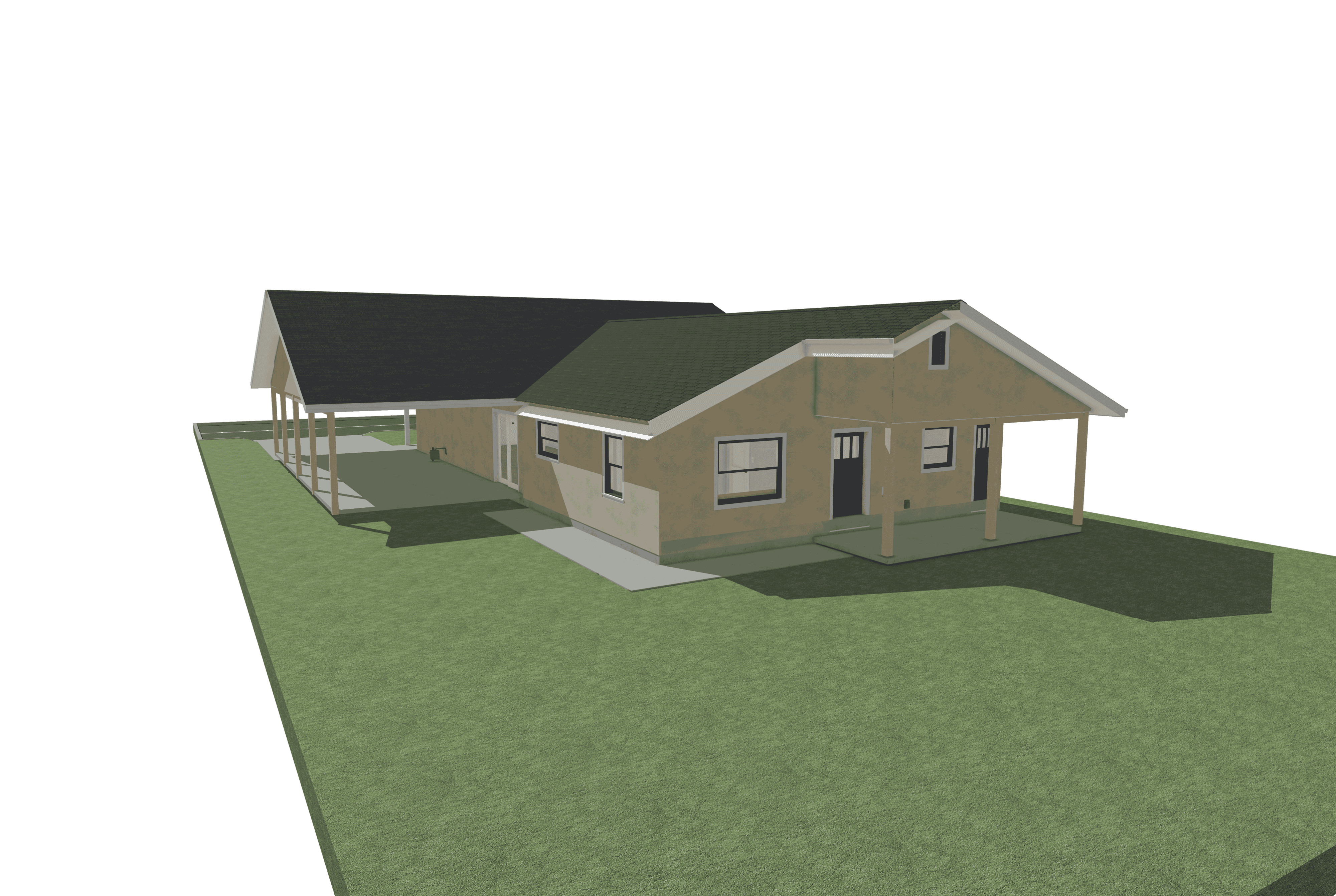Design rendering — fire-damaged home reconstruction in Fresno; not a construction photograph.