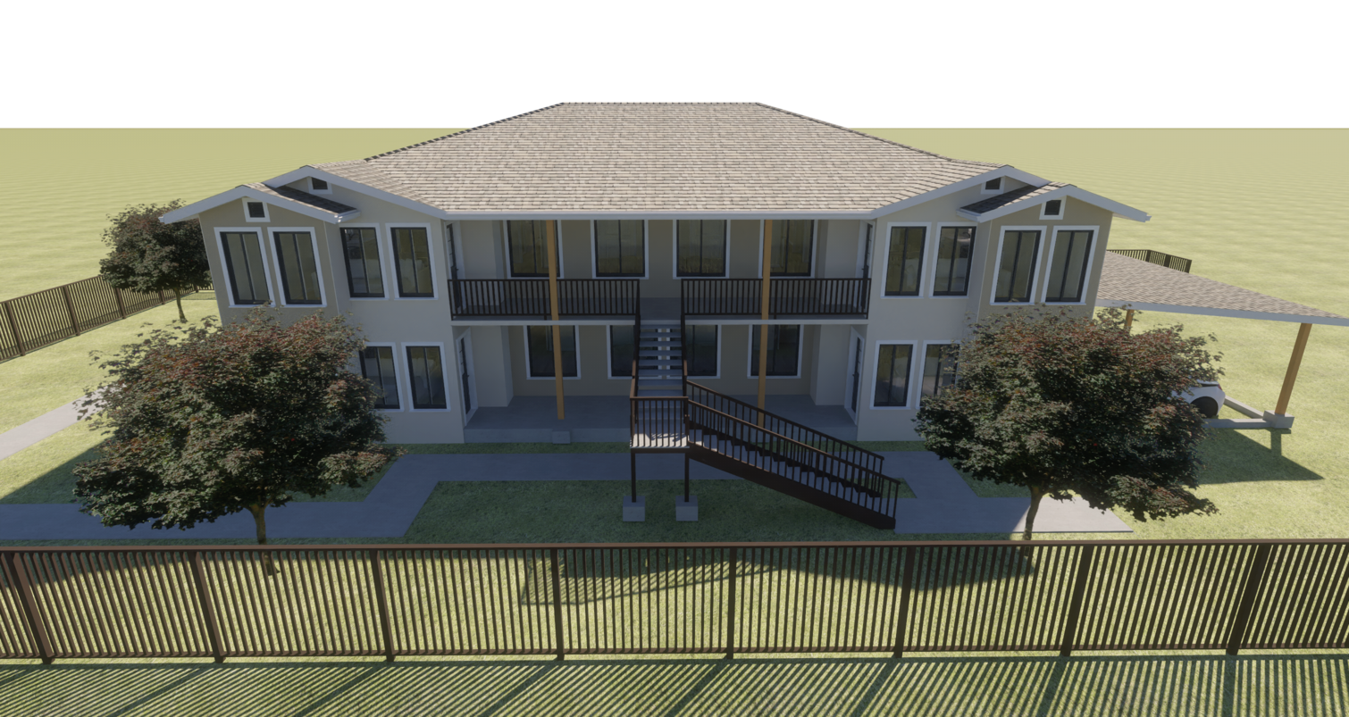 Design rendering — proposed fourplex with office and laundry in Fresno; not a construction photograph.