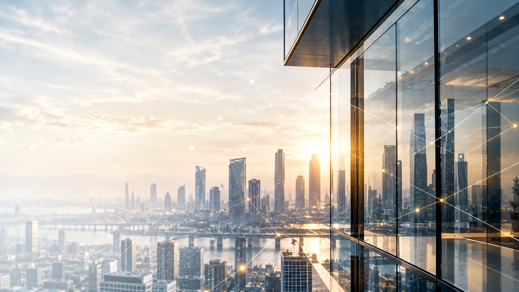 Contemporary city skyline viewed through architectural glass