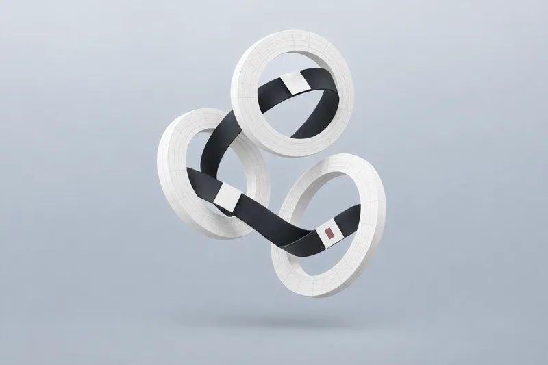 Ein Band läuft durch drei Ringe, kleine Karten reisen darauf mit (KI-generierte Grafik)