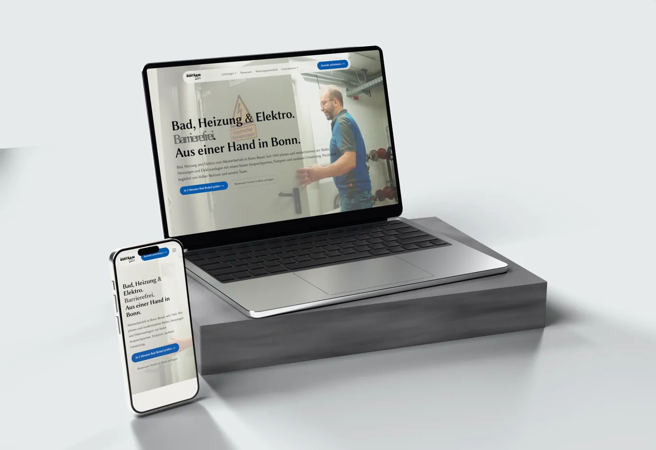 Die Website von Bertram Plus auf einem Laptop und einem Handy: Bad, Heizung und Elektro in Bonn