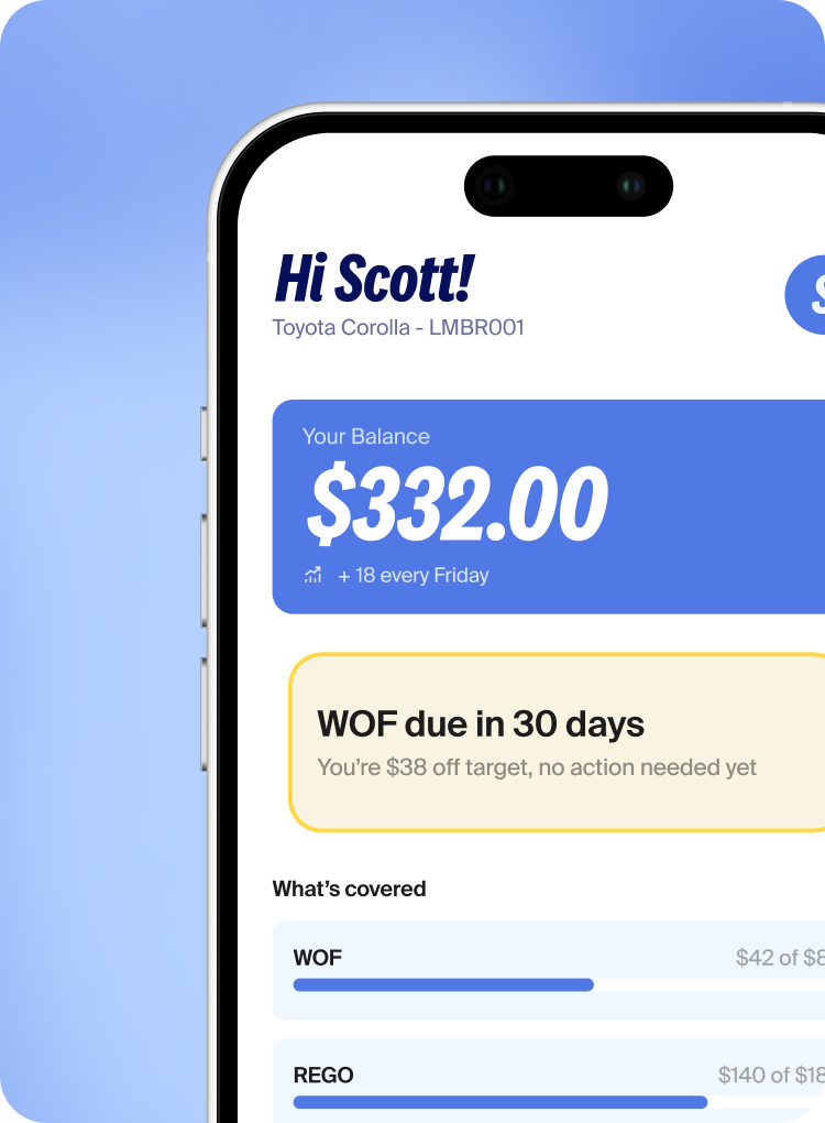 Phone showing Limber dashboard with WOF due in 30 days