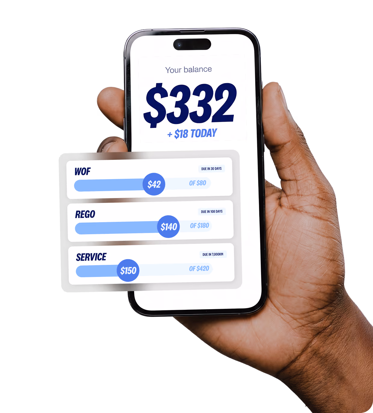 Hand holding a phone showing WOF, rego and service amounts building up