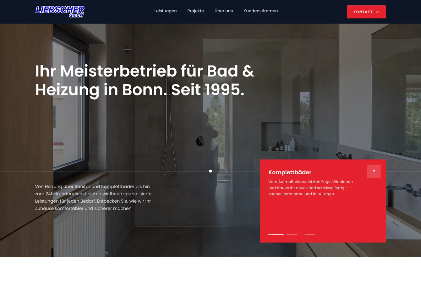 Entwurf der neuen Startseite der Liebscher GmbH: Meisterbetrieb für Bad und Heizung in Bonn