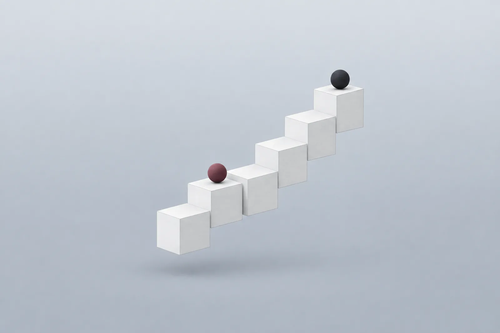 Sieben Würfel als aufsteigende Treppe, oben eine kleine Kugel (KI-generierte Grafik)
