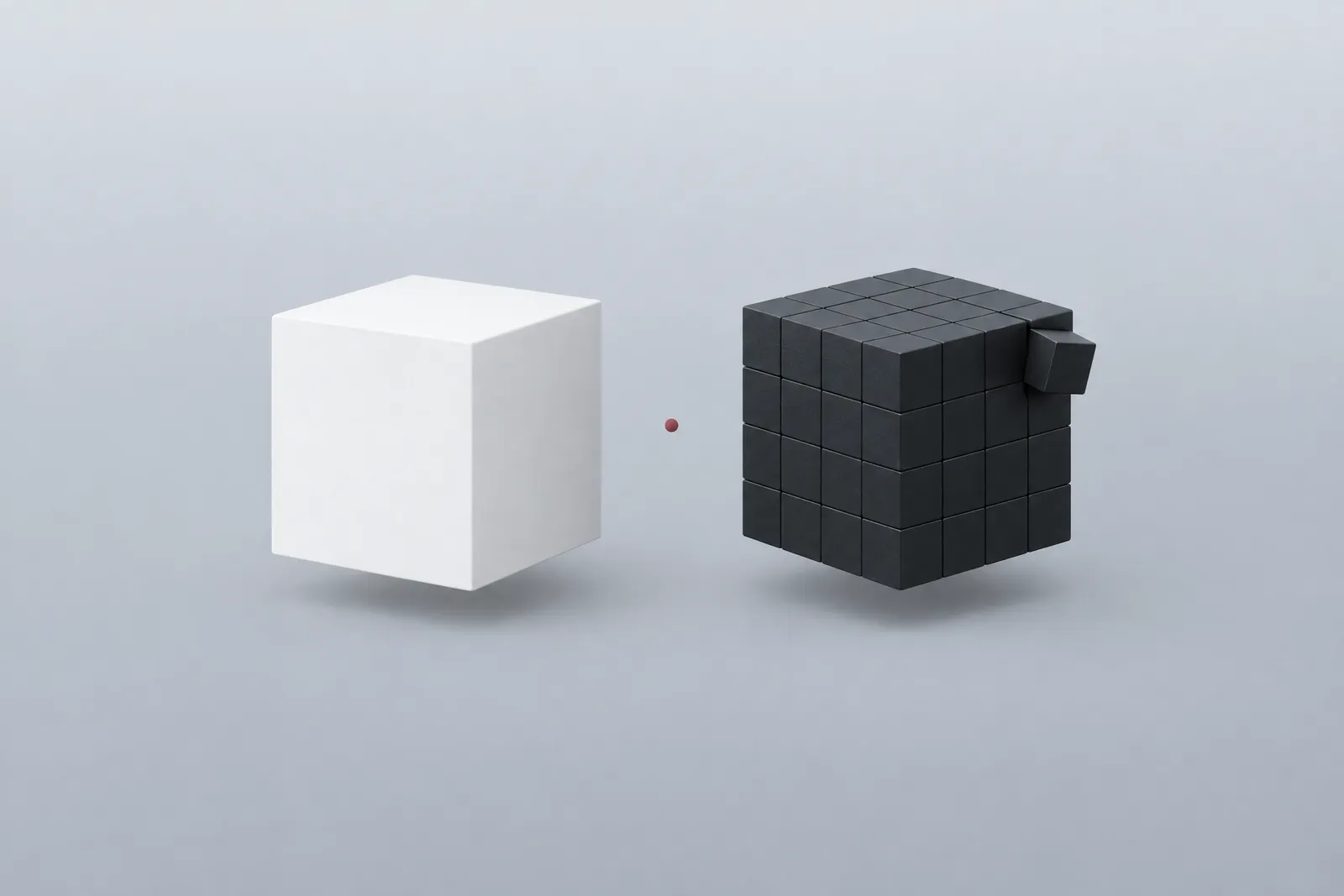 Ein glatter Würfel neben einem aus vielen kleinen Blöcken gebauten Würfel (KI-generierte Grafik)