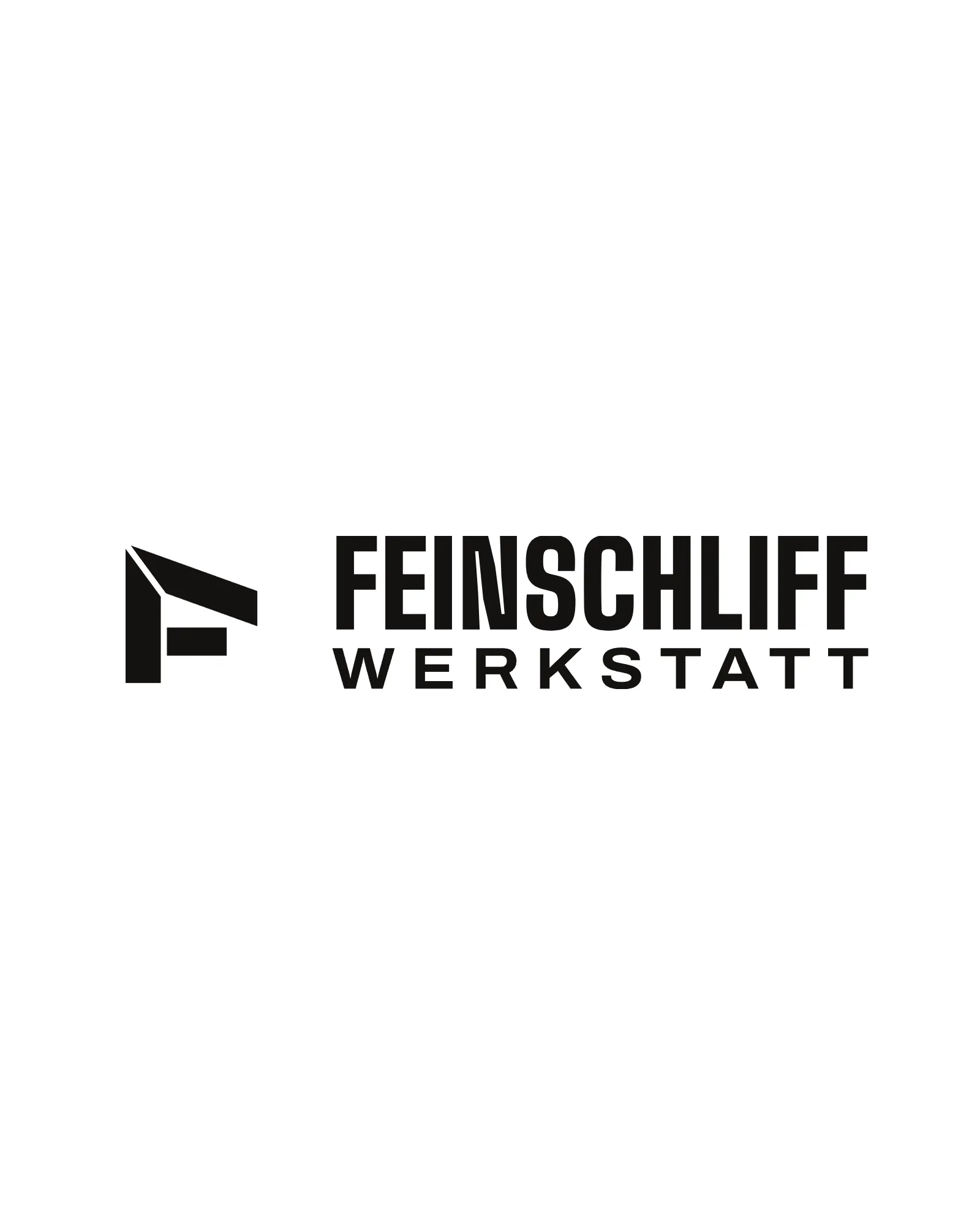 Das Logo der Feinschliff Werkstatt quer: das Zeichen aus Dachschräge, Seitenwand und Fachboden neben der Wortmarke