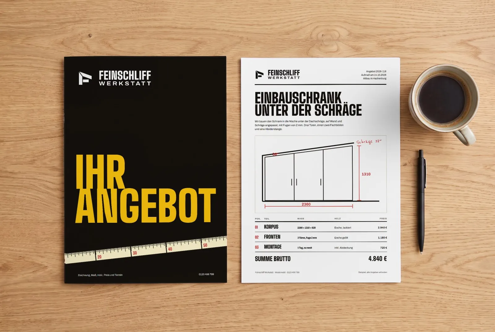 Eine Angebotsmappe in Schwarz mit einem Angebot als Zuschnittliste