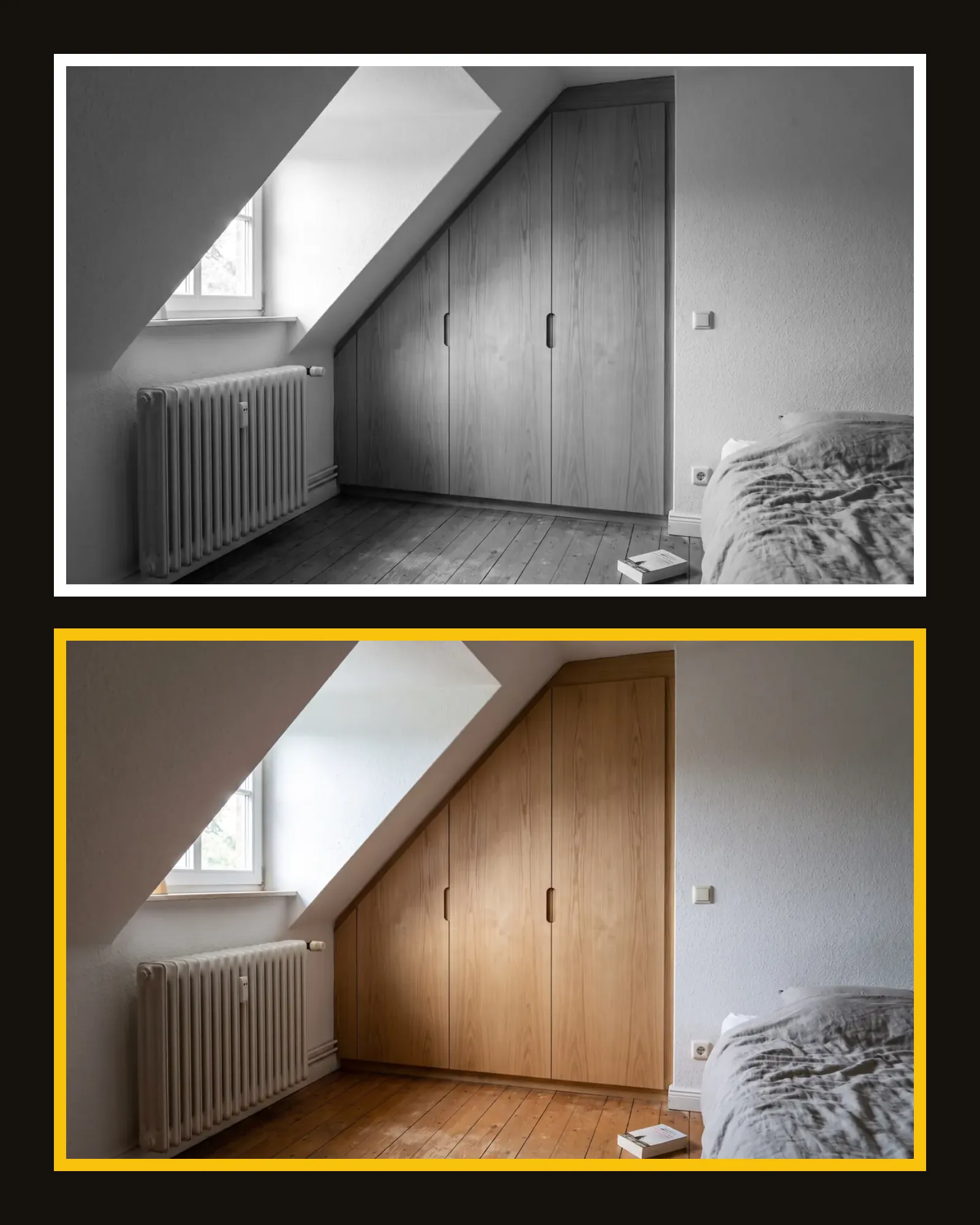 Ein Projektfoto schwarzweiß und dasselbe Foto in Farbe