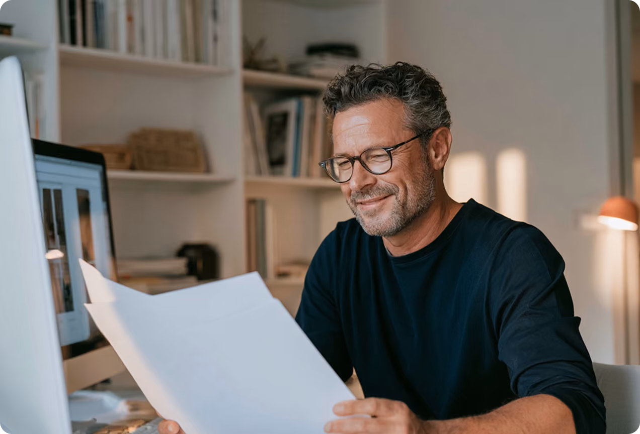 Homme souriant avec des lunettes, assis à un bureau avec un ordinateur, lisant attentivement un document dans une pièce avec étagères et lampe.