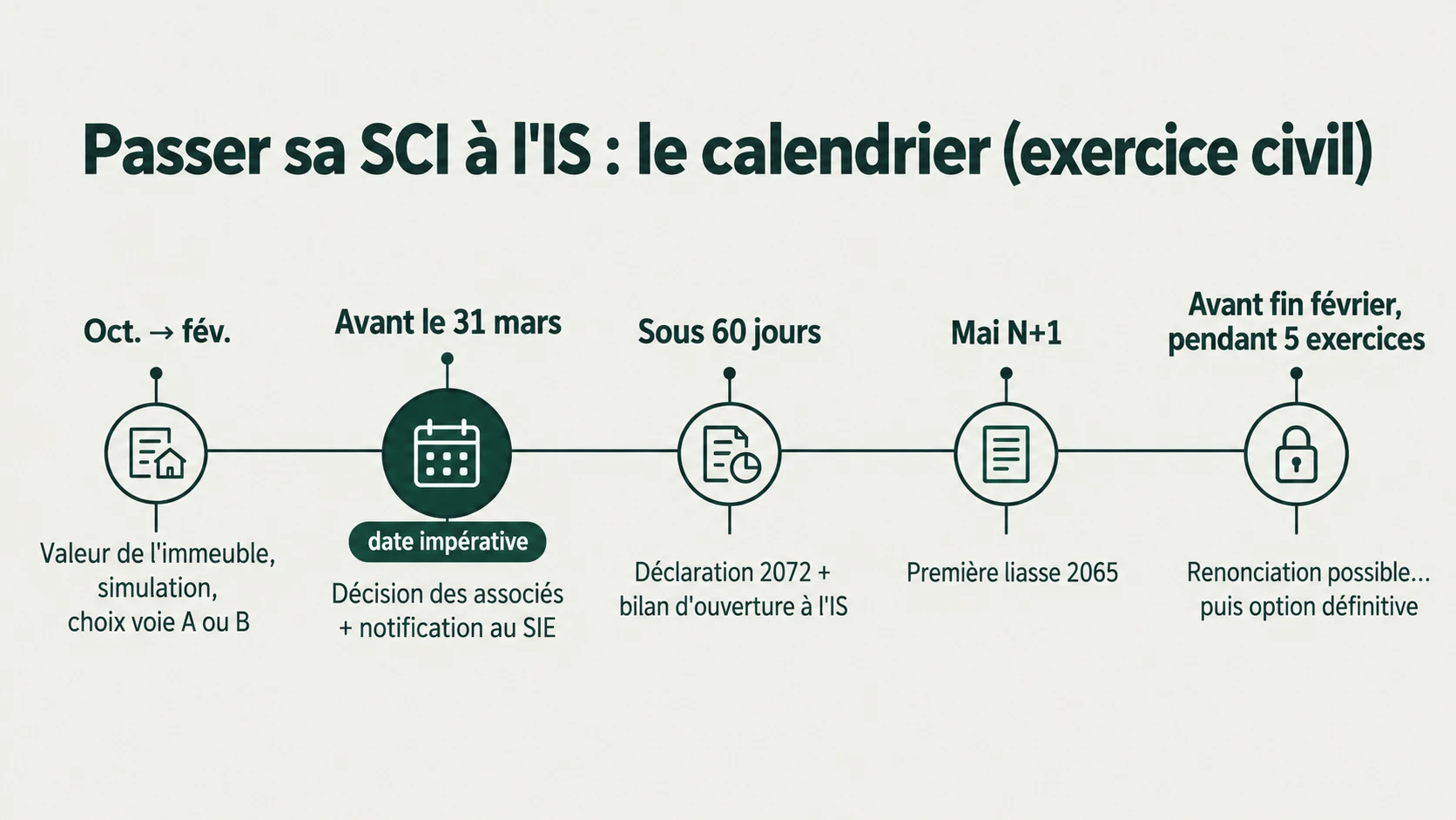 Calendrier du passage d’une SCI à l’IS : simulation, notification avant le 31 mars, 2072 et bilan d’ouverture sous 60 jours, liasse 2065, renonciation possible pendant 5 exercices