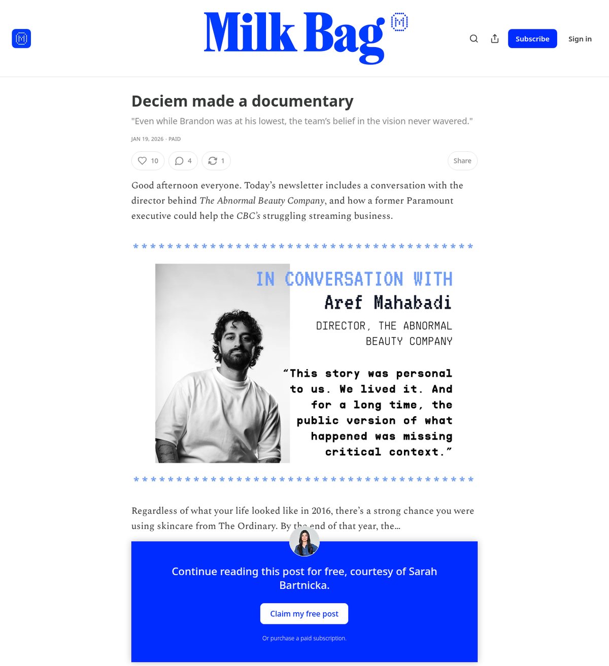 Milk Bag newsletter interview with Aref Mahabadi about The Abnormal Beauty Company