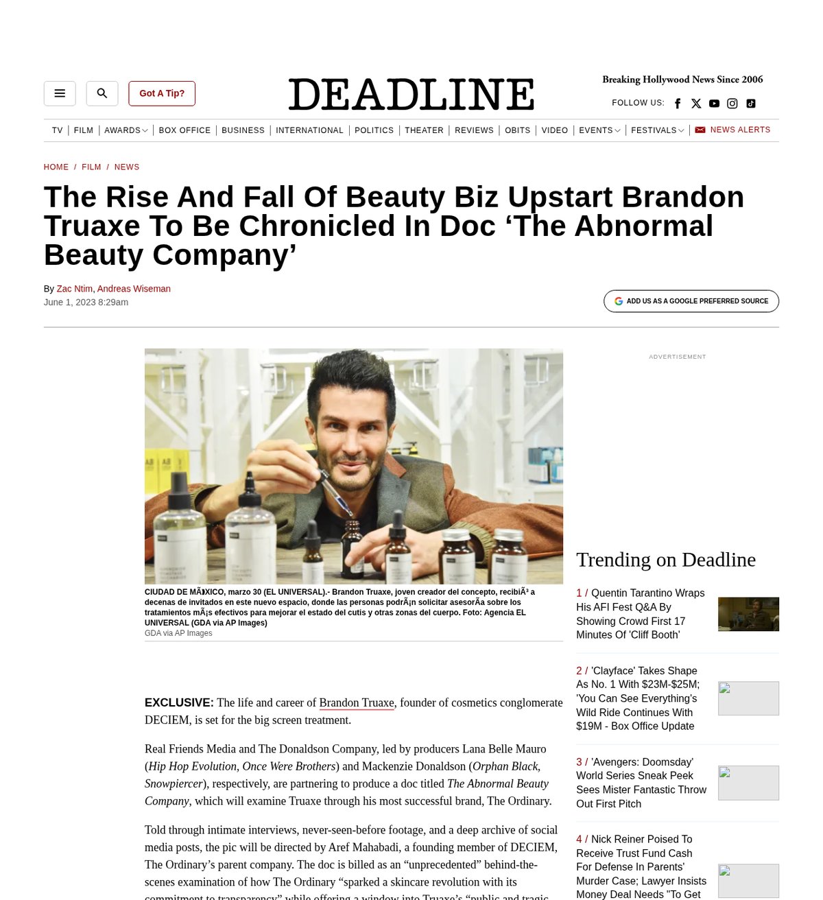 Deadline exclusive announcing The Abnormal Beauty Company, directed by Aref Mahabadi