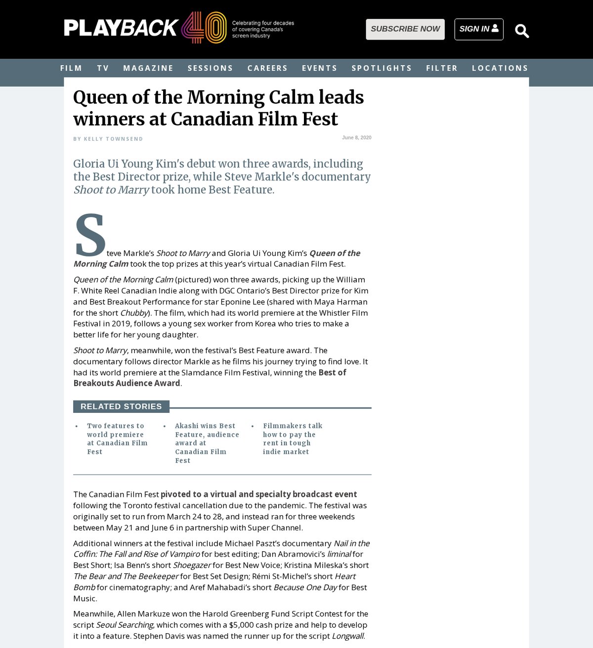 Playback article on the 2020 Canadian Film Fest winners, including Best Music for Because One Day