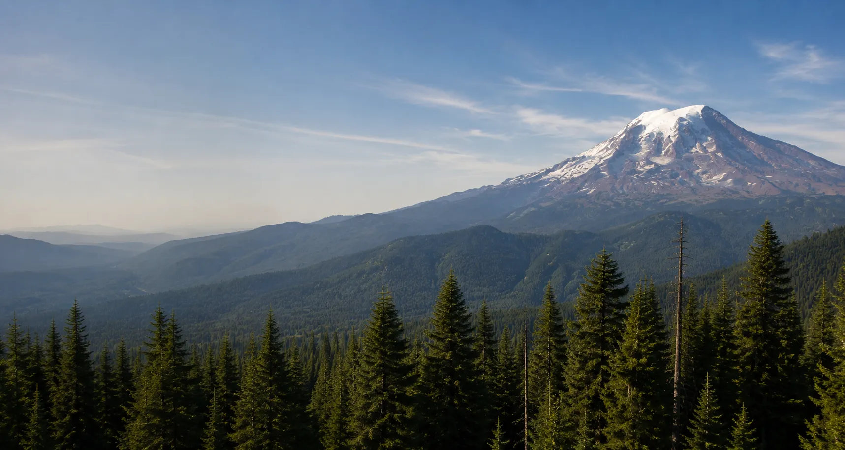 Scenic view of a snow-capped Mount Rainer rising above dark green forested hills under a partly cloudy blue sky.