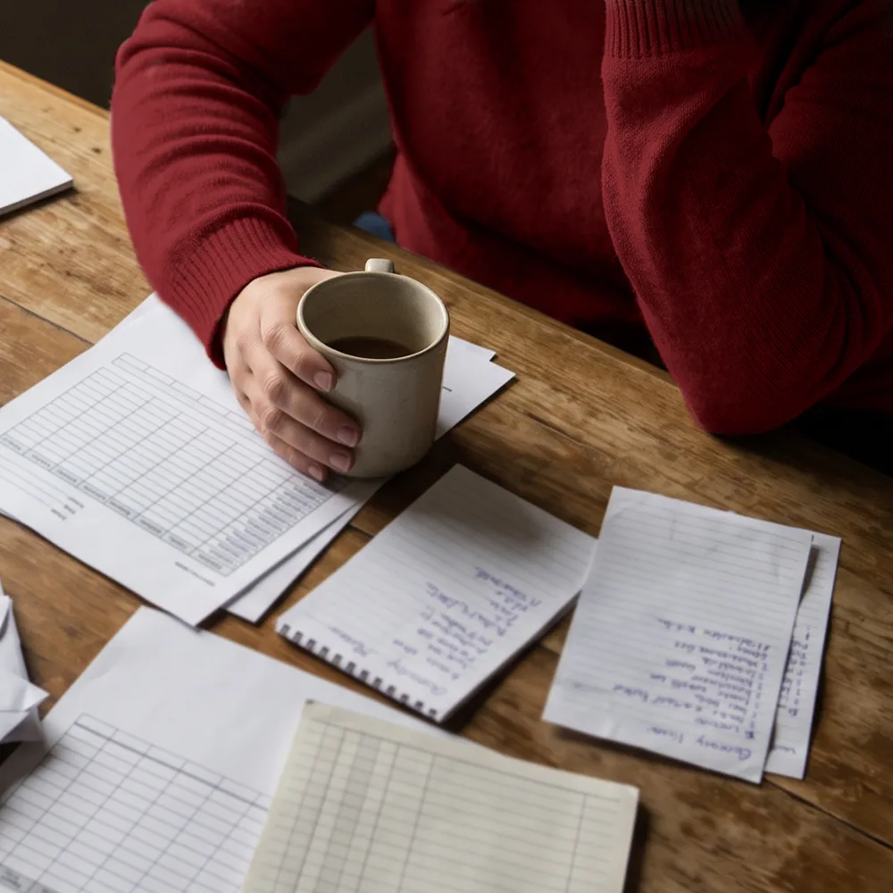 A person in a red sweater holding a mug at a table covered with insurance paperwork.