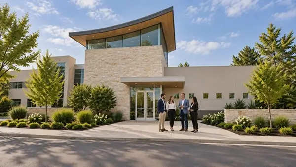 Four colleagues talking outside the entrance of a modern office building.
