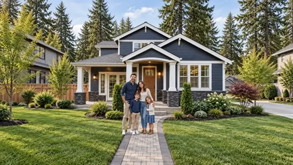 A family of four standing together on the front path of their home.