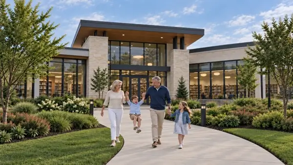 A family of four with a man, woman, and two children walking on a curved path in front of a modern building with large glass windows, surrounded by greenery and trees under a partly cloudy sky.