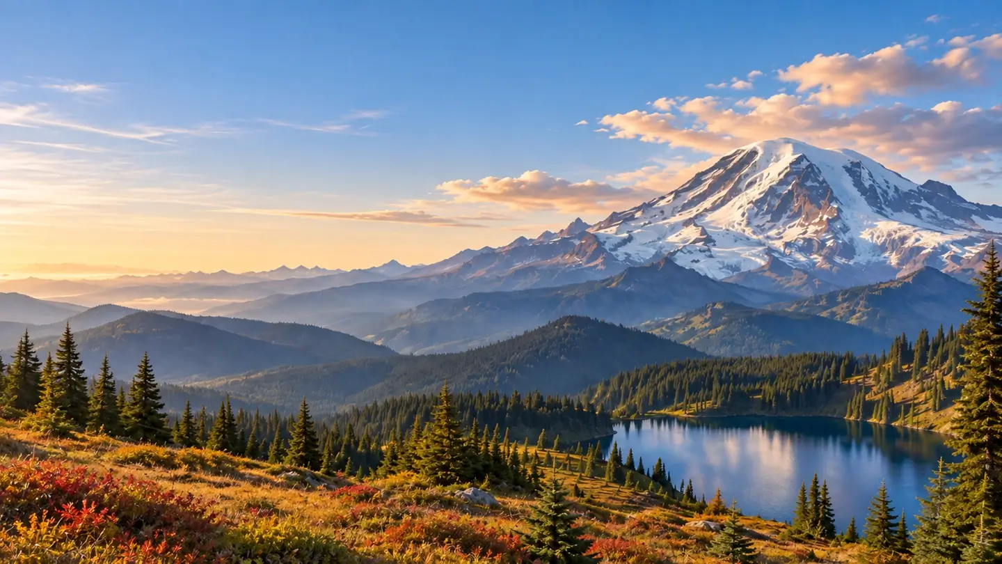 Mountain landscape at golden hour with snow-capped peak, rolling forested hills, a reflective alpine lake, and autumn foliage in the foreground under a partly cloudy blue sky.