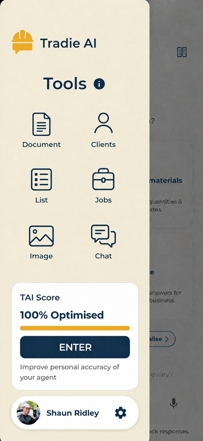Tradie AI app open on the Tools screen