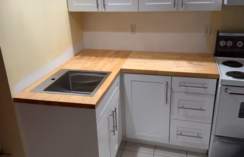 Kitchen Cabinet Removal, Wall Repair & Butcher Block Countertop | East Vancouver