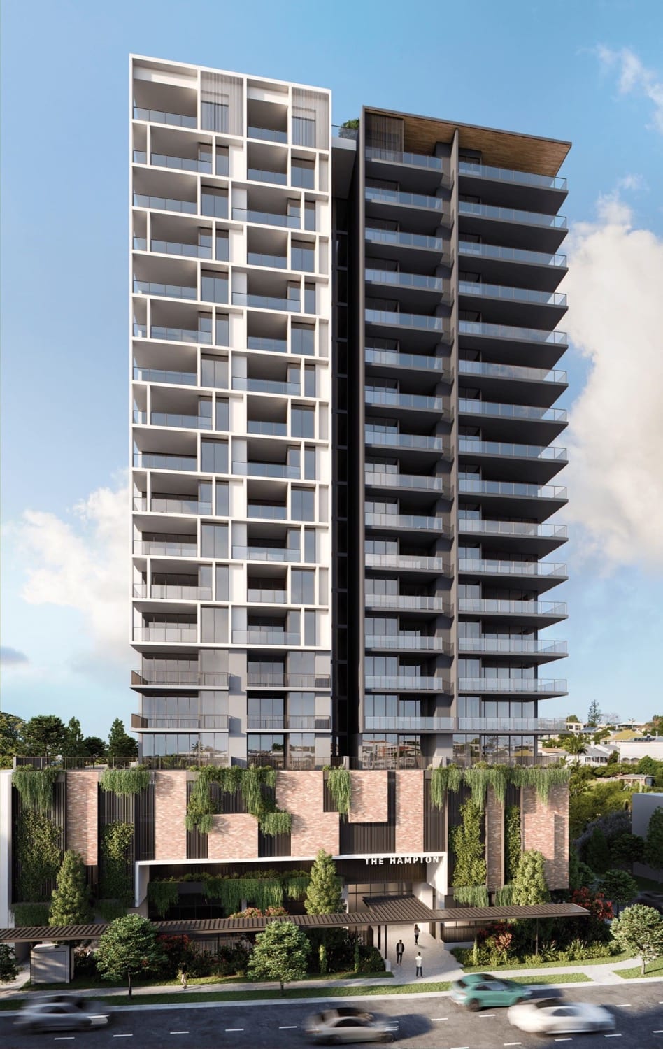 Concept render of a slim residential tower above a landscaped podium