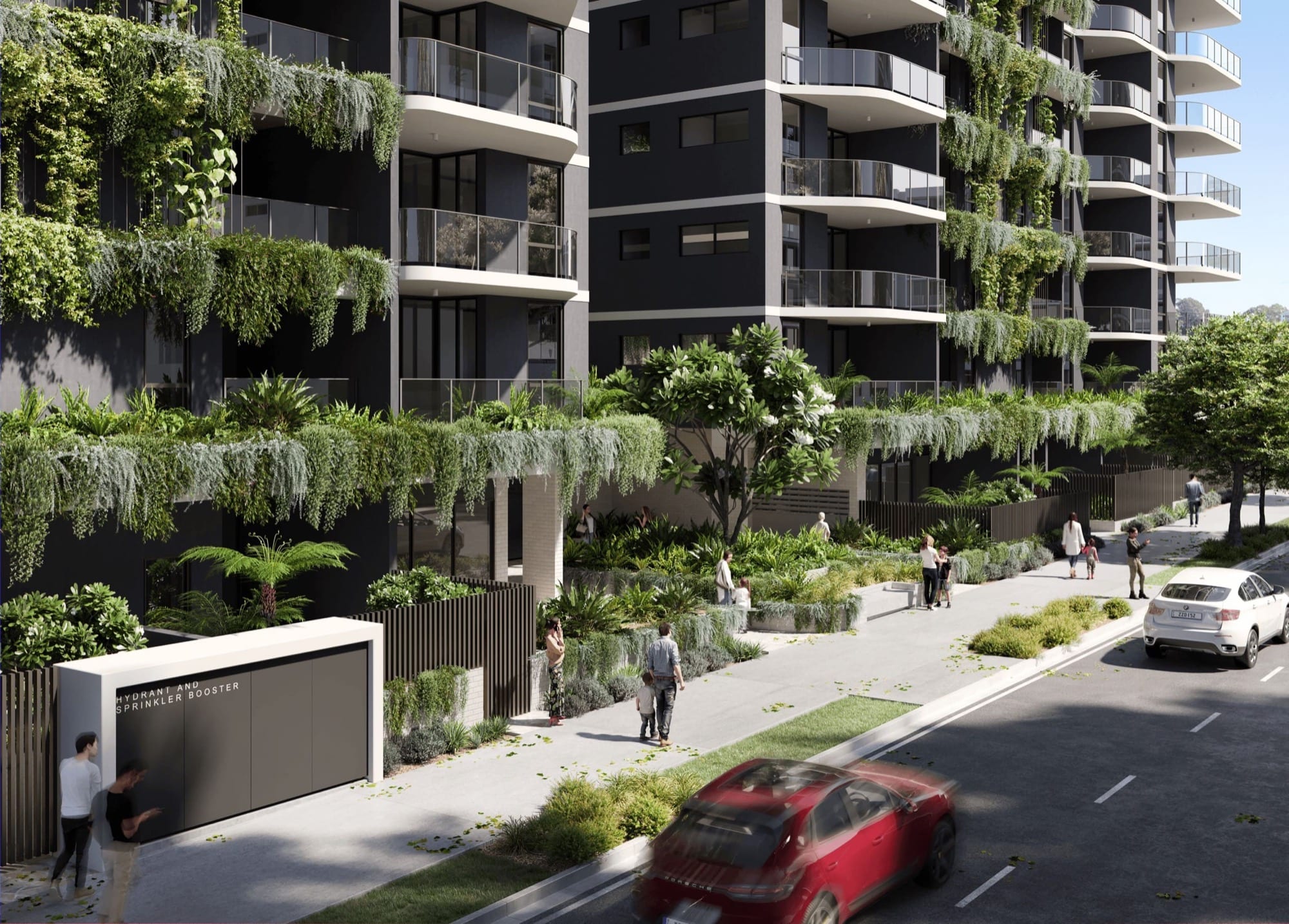 Render of the landscaped street entry to the approved Cleveland Street apartments, Stones Corner