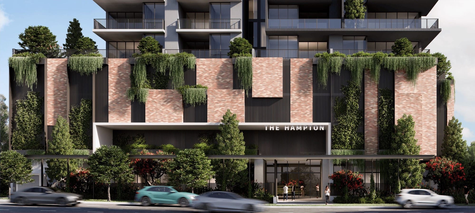 Concept render of a brick residential podium with planted balconies and street-level entry