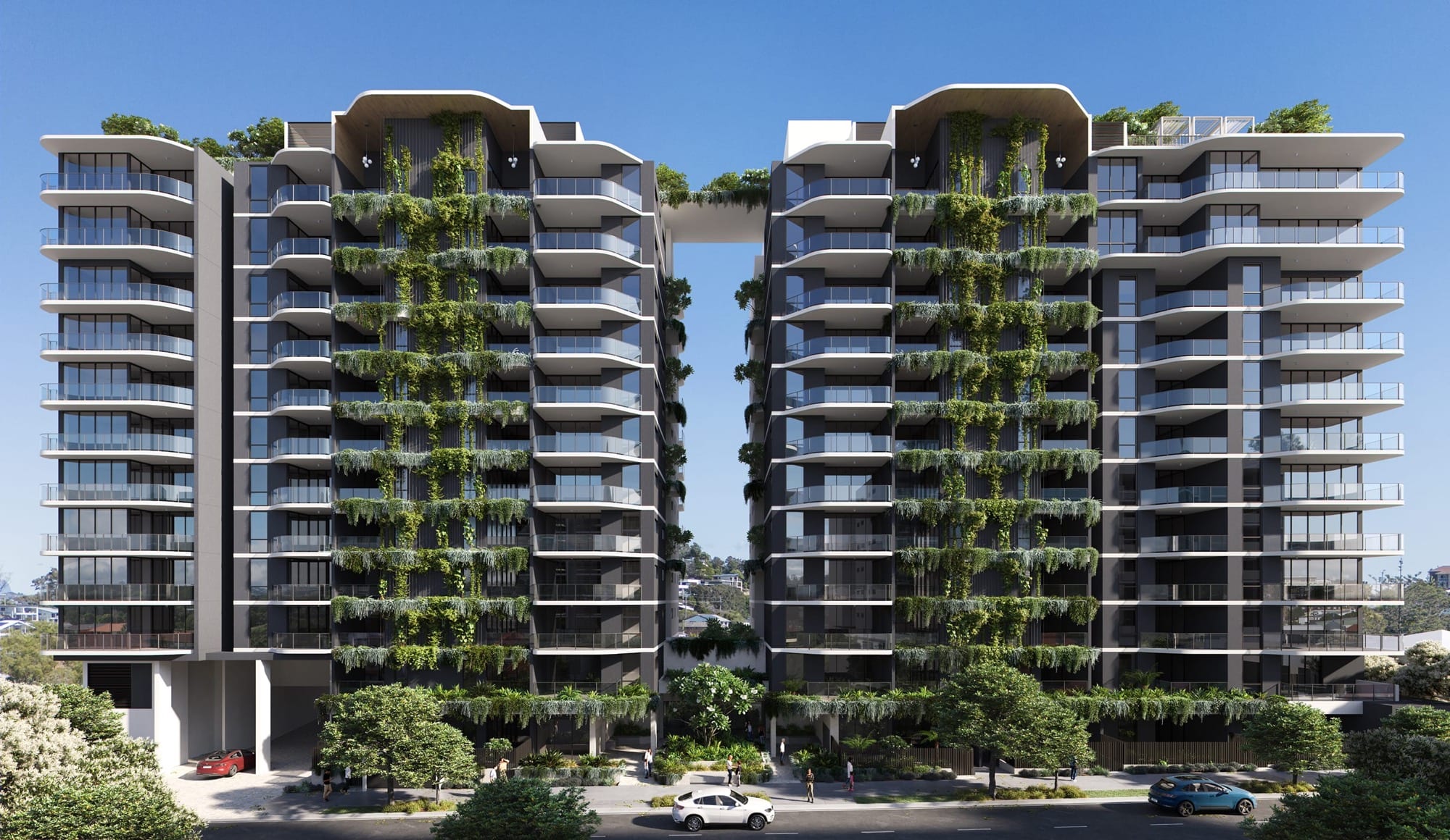 Render of two twelve-storey residential towers with vertical gardens at Cleveland Street, Stones Corner