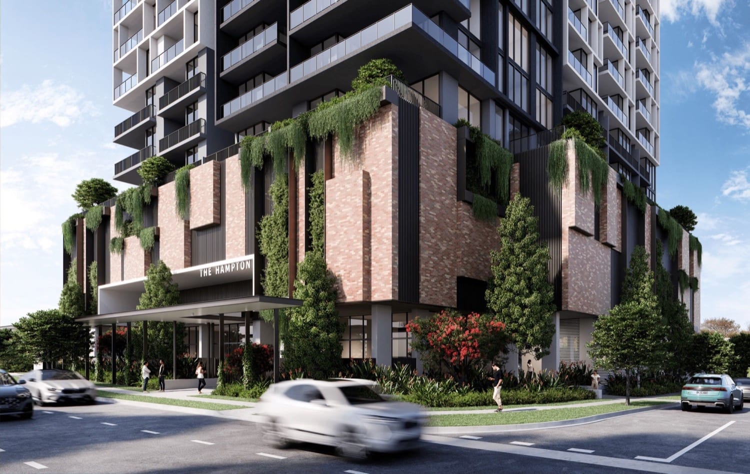 Concept render of a residential tower with a brick podium and hanging gardens on a Brisbane street corner